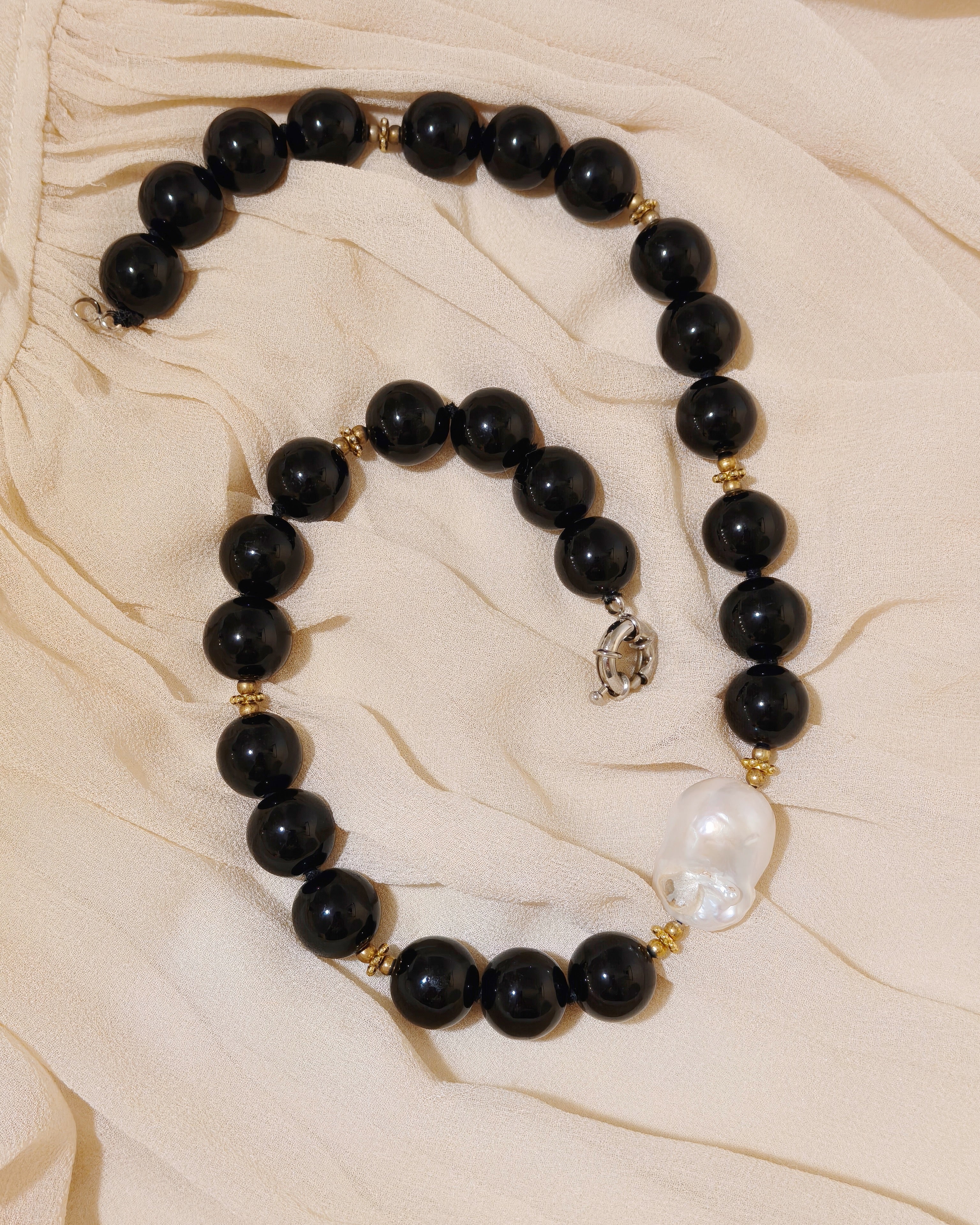 Black Onyx & White Baroque Pear Necklace