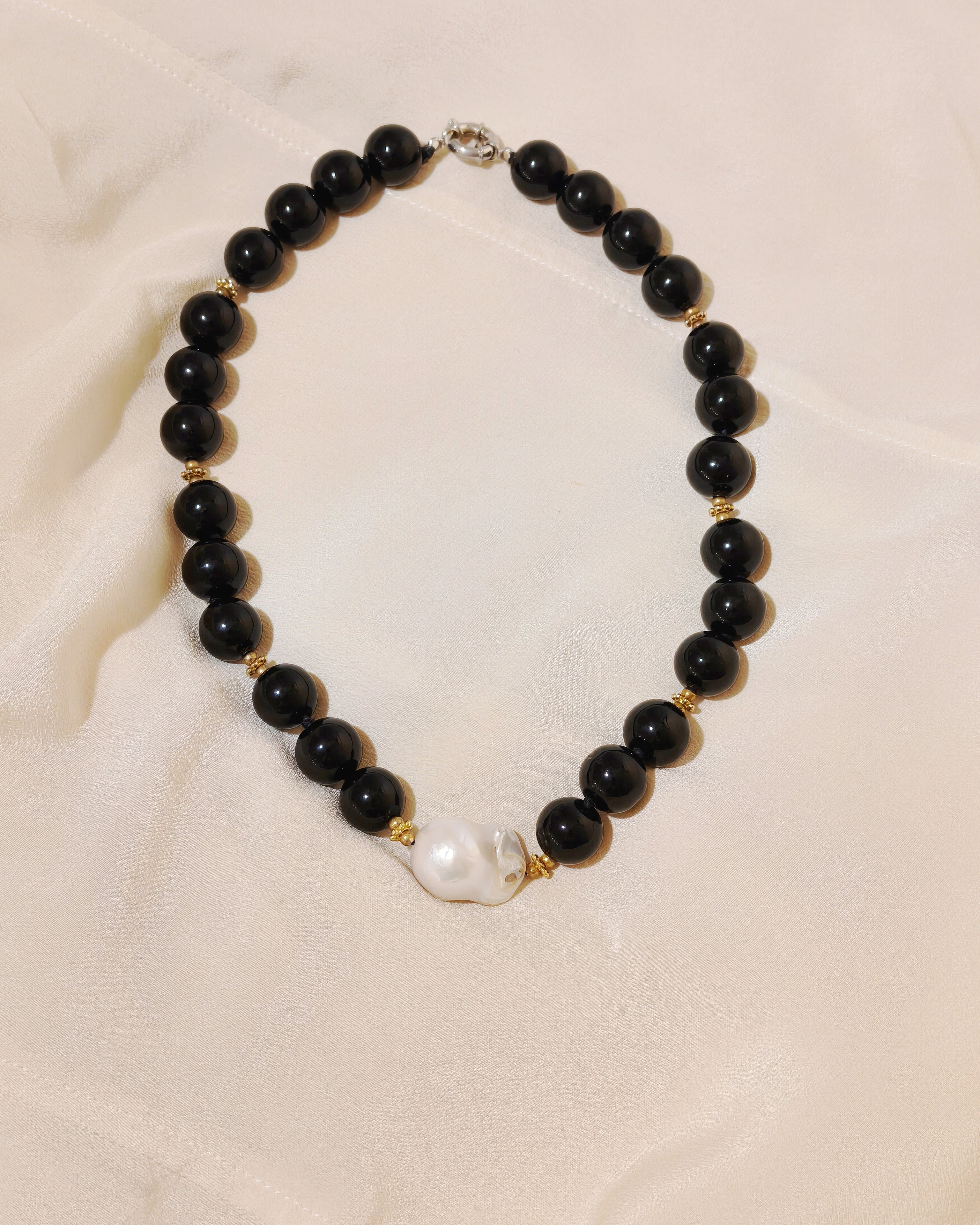 Black Onyx & White Baroque Pear Necklace