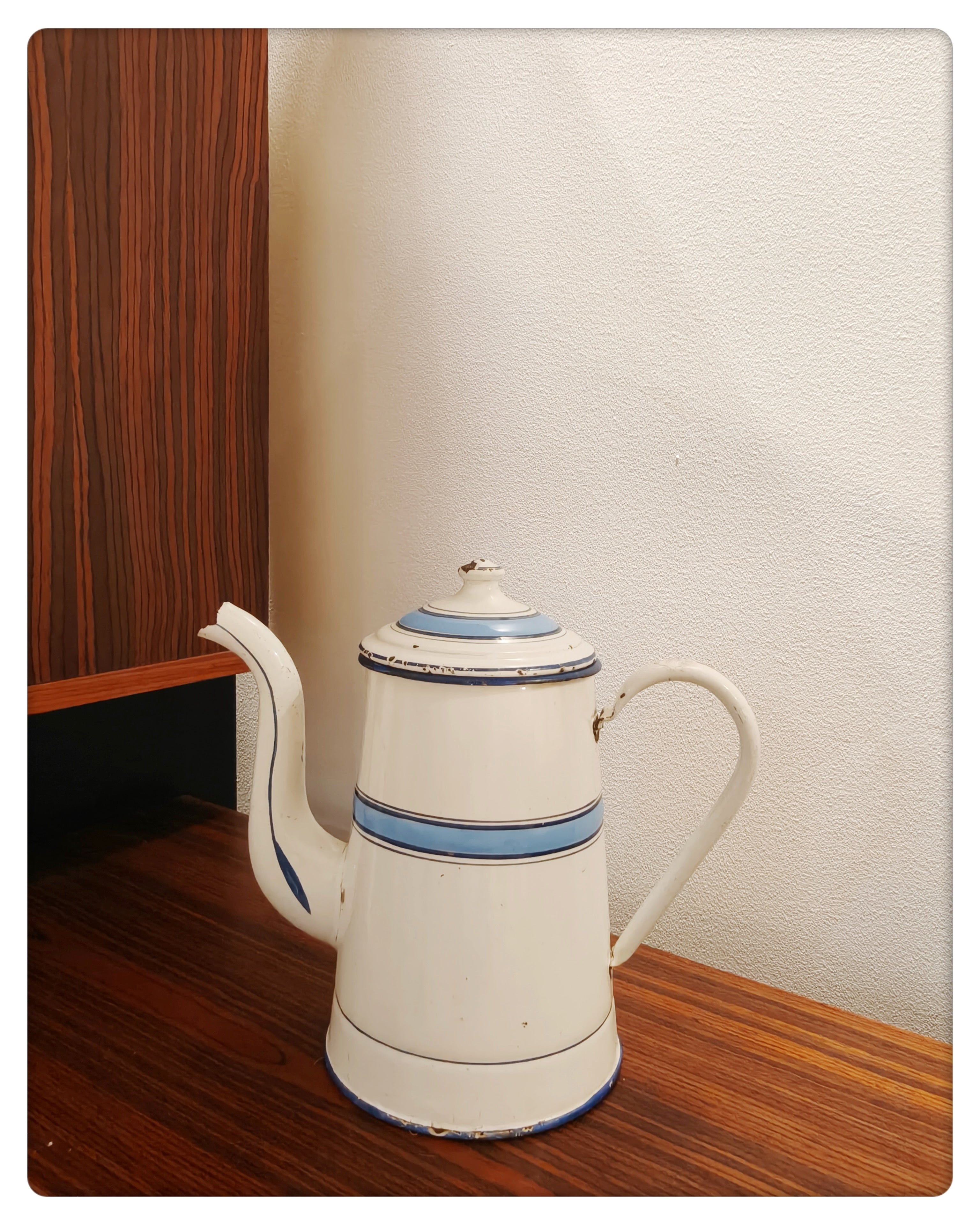 White & Blue Enamel Coffee Pot
