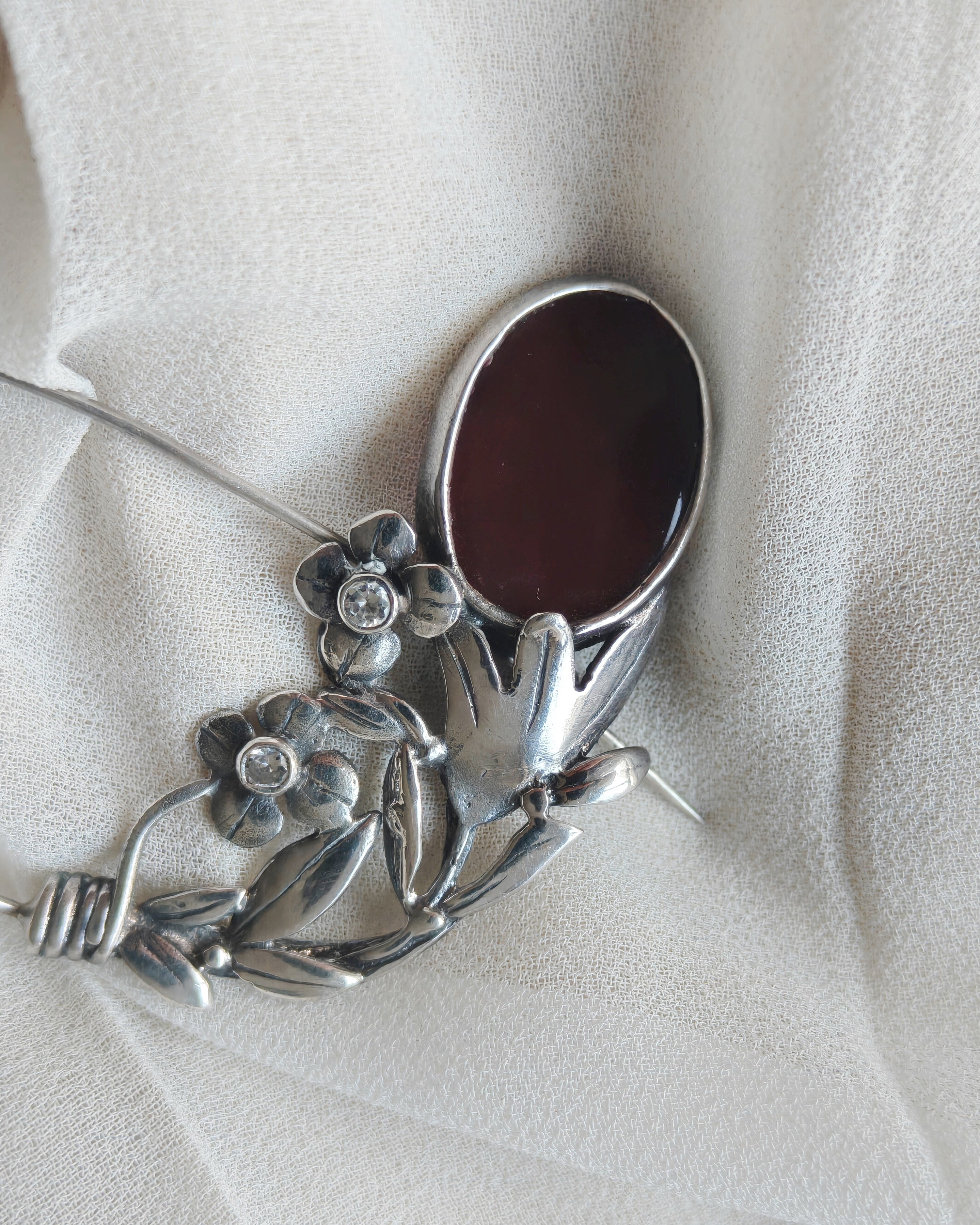 Vintage Sterling Silver Carnelian Floral Safety-Pin Brooch